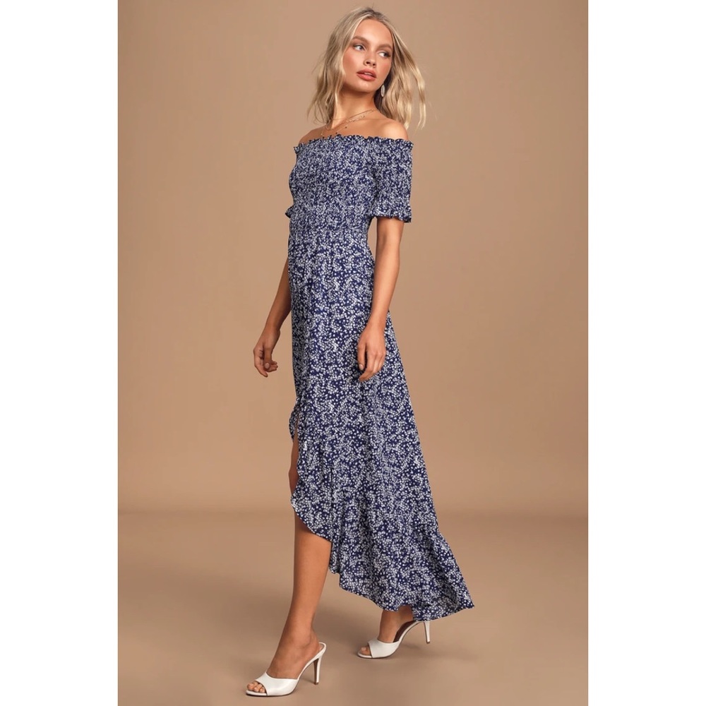Lulus Navy Off-the-Shoulder Midi Dress